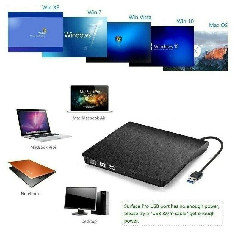 Slim External CD DVD RW Drive USB 3.0 Writer Burner Player Black for Laptop PC