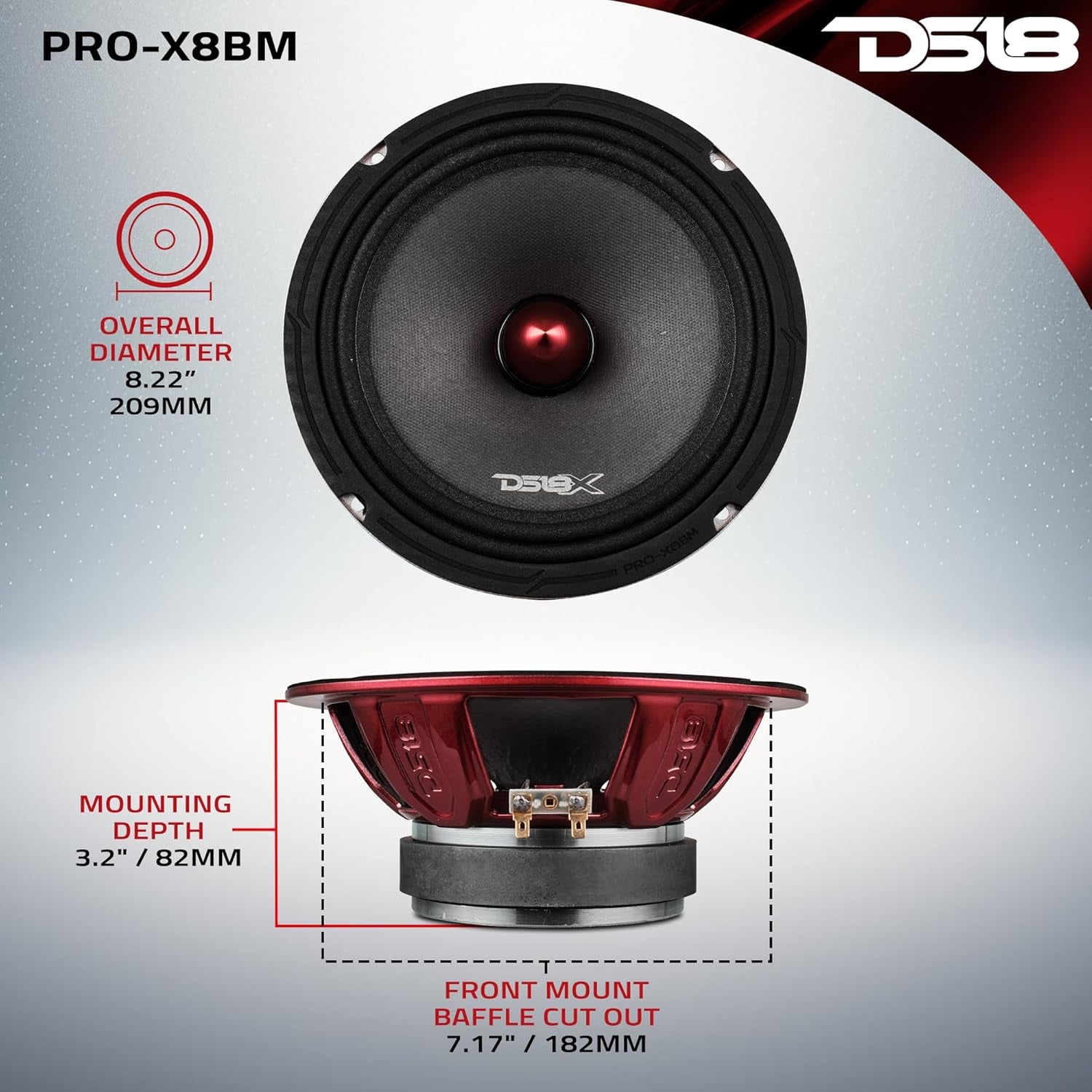PRO-X8BM Loudspeaker - 8", Midrange, Red Aluminum Bullet, 550W Max, 275W RMS, 8 Ohms - Premium Quality Audio Door Speakers for Car or Truck Stereo Sound System (1 Speaker)