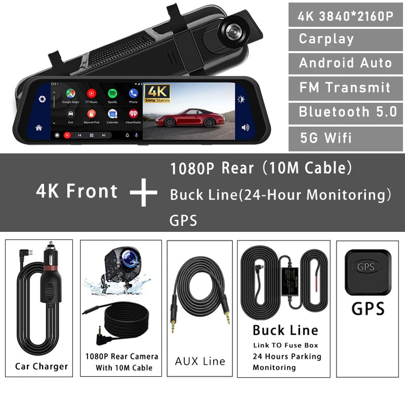 10 Inch 4K 2160P Car DVR Carplay Android Auto 5G WIFI GPS Dash Cam BT FM Dashcam Camera Stream Rearview Mirror Drive Recorder