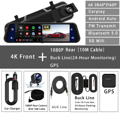 10 Inch 4K 2160P Car DVR Carplay Android Auto 5G WIFI GPS Dash Cam BT FM Dashcam Camera Stream Rearview Mirror Drive Recorder