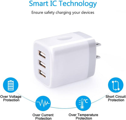 USB Wall Charger,  2Pack Wall Plug 3-Port USB Charging Station 3.1A Power Adapter Multi Port Quick Charger Block Cube for Iphone 17 16 15 14 13 12 11 Pro XS MAX 8 Ipad Samsung Galaxy S25 S24 S23