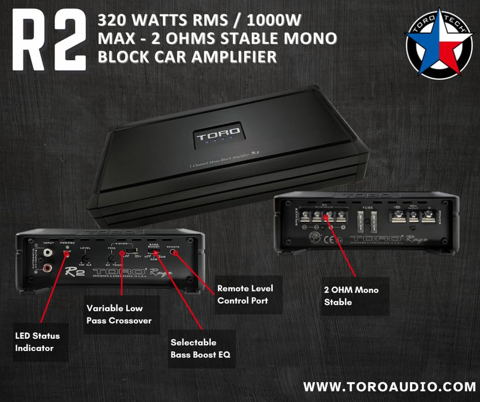 – R2, 1000 Watts MAX – 320 Watts RMS 2Ω Stable Monoblock Car Amplifier, Sound Quality Class A/B Design, Built-In Auto Sensing Turn-On, Subwoofer Amplifier