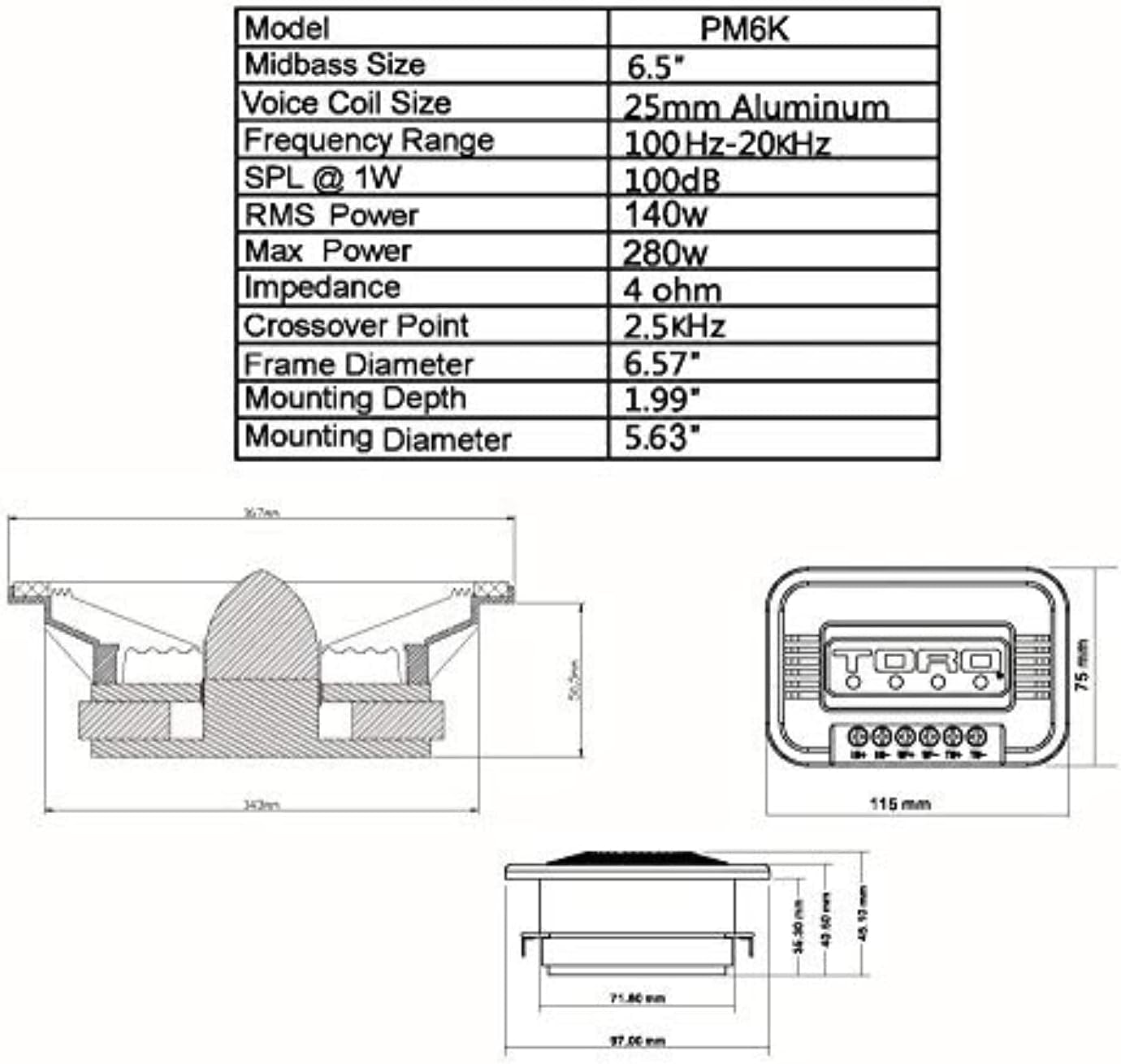 – PM6K, 6.5 Inch 2-Way Component Kit Pro Audio Shallow Mount Speakers - 340 Watts RMS Power / 140 Watts Music Program, 25Mm Aluminum Tweeters, 4 Ohm, 1.5" Voice Coil (Pair)