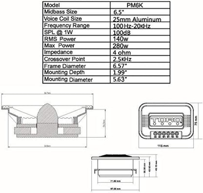 – PM6K, 6.5 Inch 2-Way Component Kit Pro Audio Shallow Mount Speakers - 340 Watts RMS Power / 140 Watts Music Program, 25Mm Aluminum Tweeters, 4 Ohm, 1.5" Voice Coil (Pair)