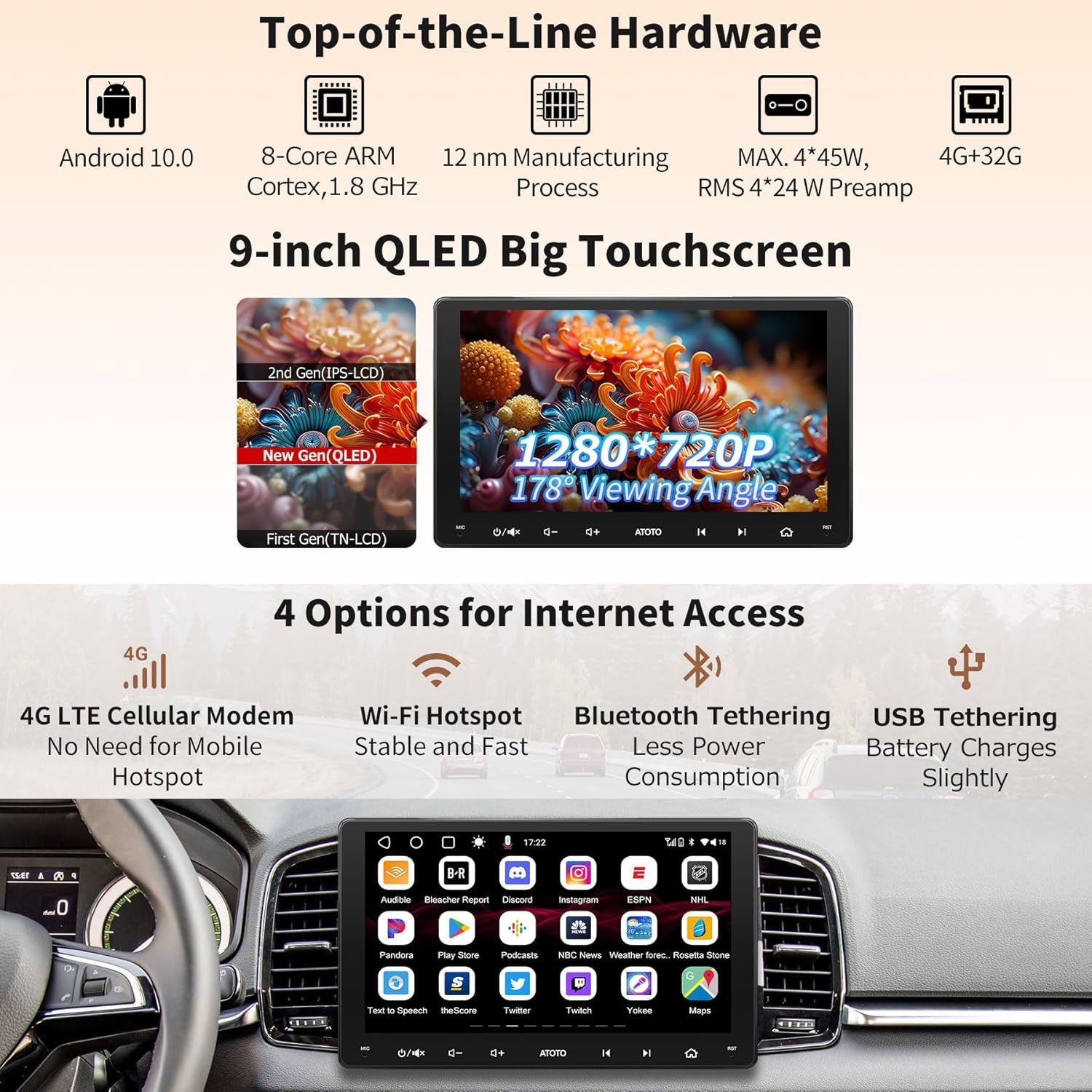 S8 8-Core 9 Inch QLED Double Din Android Car Stereo, Wireless Carplay & Android Auto, Built-In 4G,Wifi/Bt/Usb Tethering, 2 Bluetooth, 4G+32G Car Radio, SCVC&DSP, AI Chat, Mirrorlink,S8G2094Ms