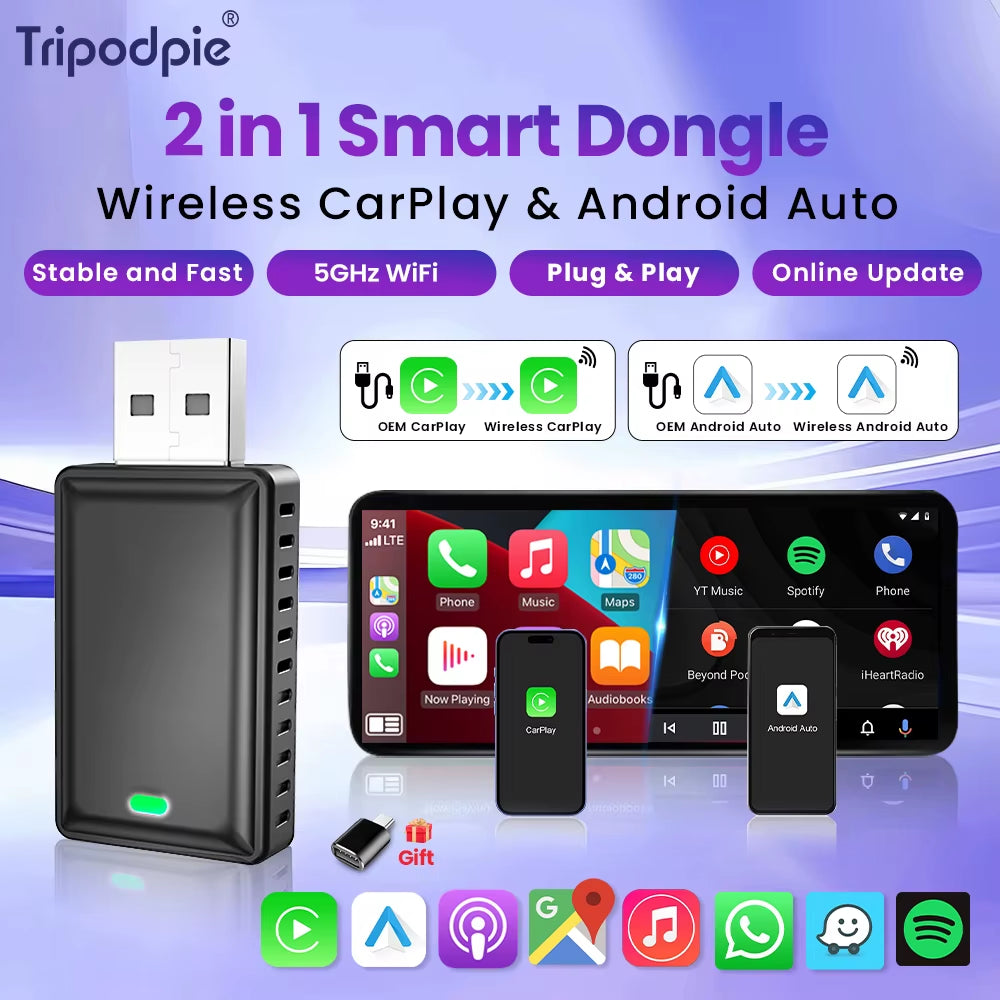 2In1 Wireless Carplay Adapter Android Auto Smart USB Dongle Plug and Play for Havel Kia Volvo Audi MG VW Hyundai Jeep