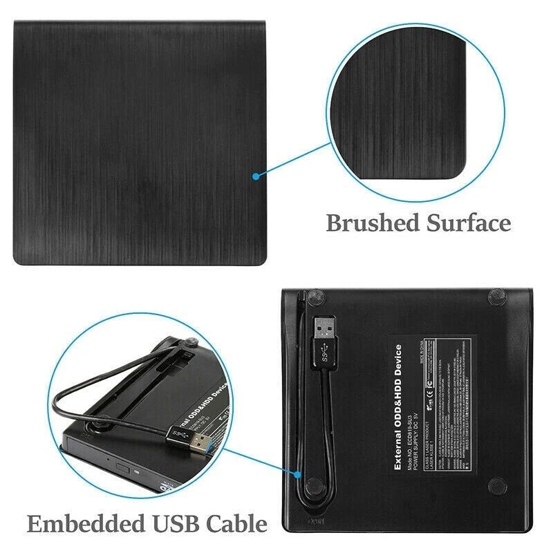 Slim External CD DVD RW Drive USB 3.0 Writer Burner Player Black for Laptop PC