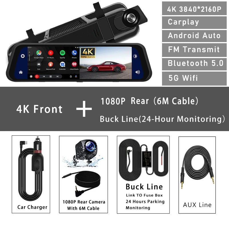 10 Inch 4K 2160P Car DVR Carplay Android Auto 5G WIFI GPS Dash Cam BT FM Dashcam Camera Stream Rearview Mirror Drive Recorder