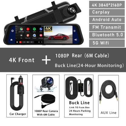10 Inch 4K 2160P Car DVR Carplay Android Auto 5G WIFI GPS Dash Cam BT FM Dashcam Camera Stream Rearview Mirror Drive Recorder