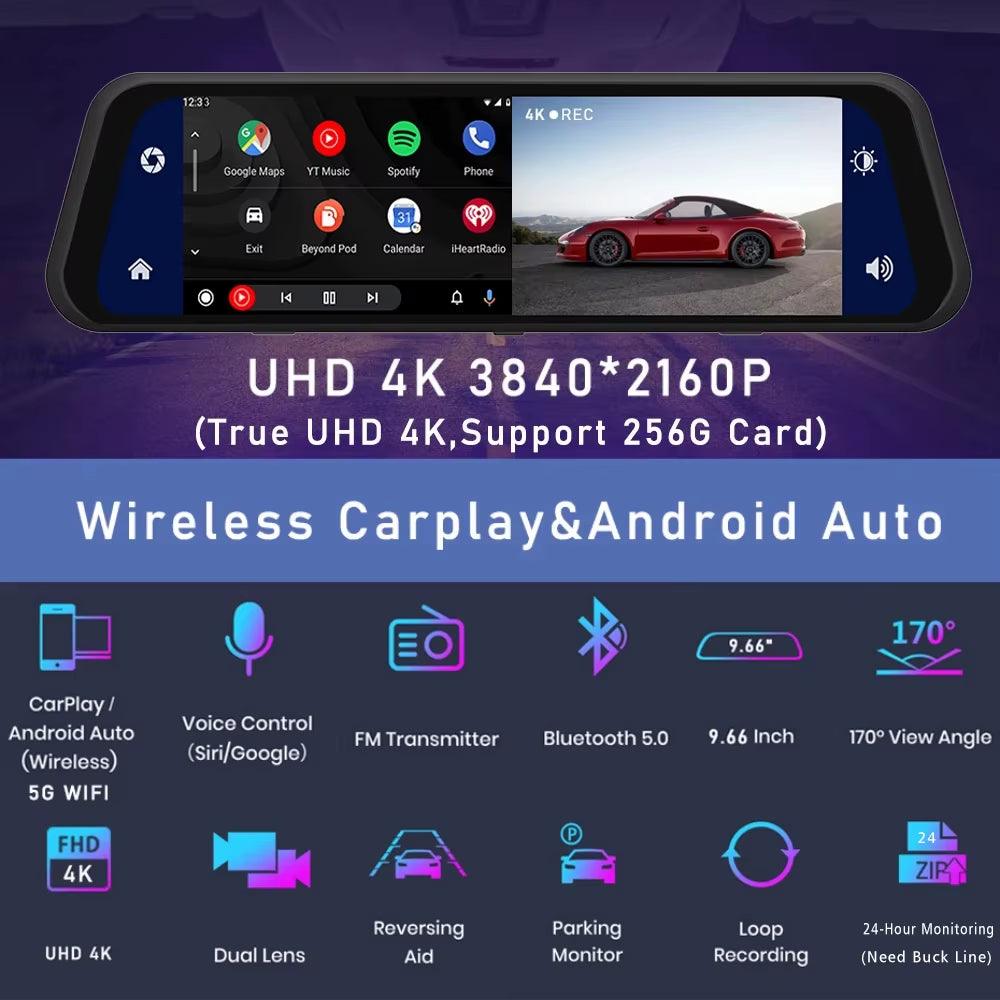 10 Inch 4K 2160P Car DVR Carplay Android Auto 5G WIFI GPS Dash Cam BT FM Dashcam Camera Stream Rearview Mirror Drive Recorder