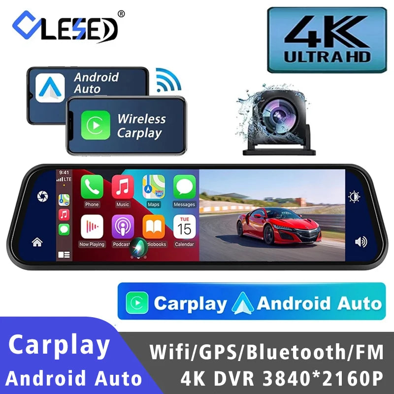 10 Inch 4K 2160P Car DVR Carplay Android Auto 5G WIFI GPS Dash Cam BT FM Dashcam Camera Stream Rearview Mirror Drive Recorder