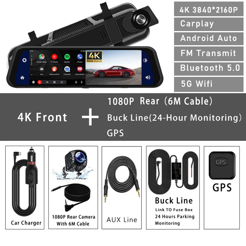 10 Inch 4K 2160P Car DVR Carplay Android Auto 5G WIFI GPS Dash Cam BT FM Dashcam Camera Stream Rearview Mirror Drive Recorder