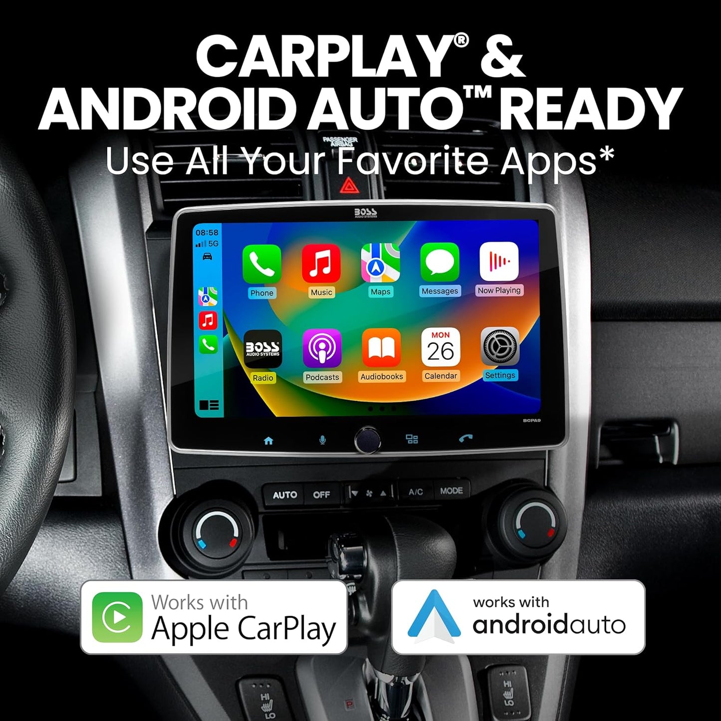 BCPA9RC Car Stereo - Apple Carplay, Android Auto, 9 Inch Single Din, No DVD/CD Player, Touchscreen, Bluetooth, Backup Camera, Multicolor Illumination, Radio Receiver