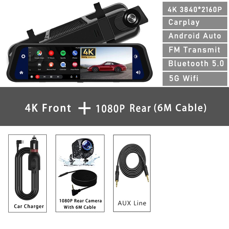10 Inch 4K 2160P Car DVR Carplay Android Auto 5G WIFI GPS Dash Cam BT FM Dashcam Camera Stream Rearview Mirror Drive Recorder