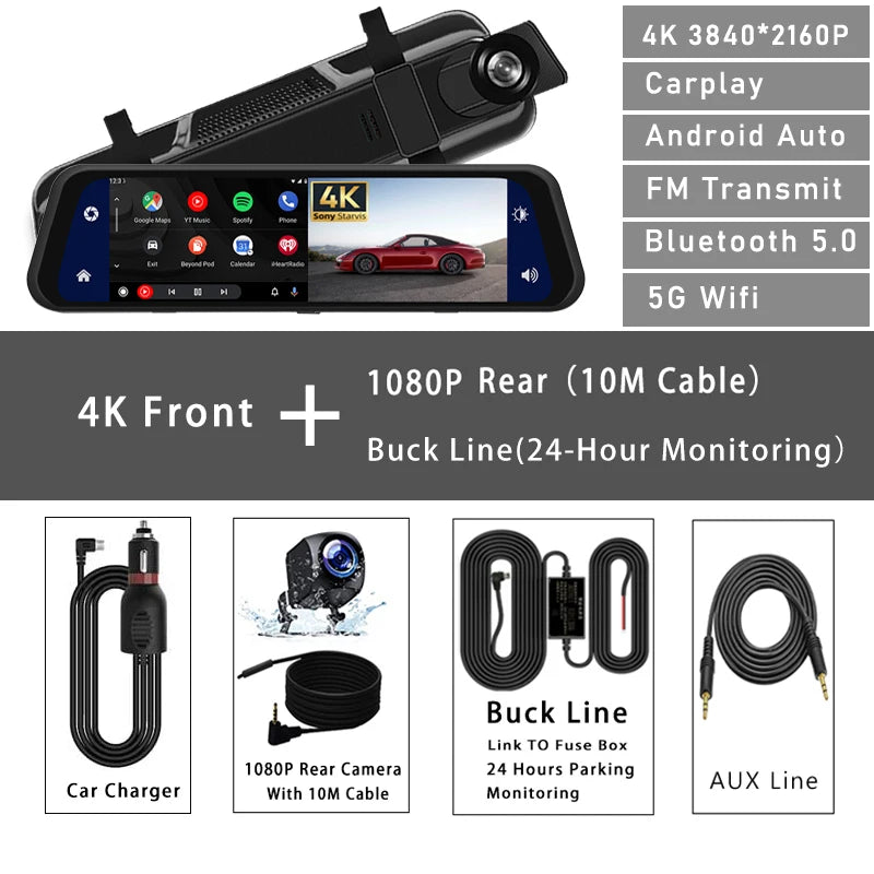 10 Inch 4K 2160P Car DVR Carplay Android Auto 5G WIFI GPS Dash Cam BT FM Dashcam Camera Stream Rearview Mirror Drive Recorder