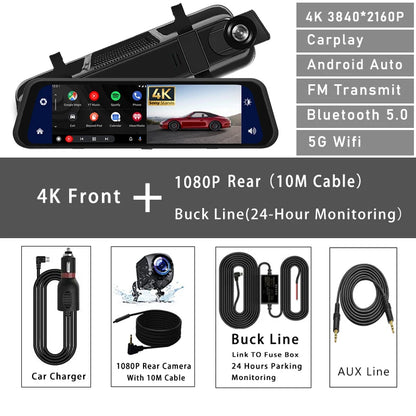 10 Inch 4K 2160P Car DVR Carplay Android Auto 5G WIFI GPS Dash Cam BT FM Dashcam Camera Stream Rearview Mirror Drive Recorder