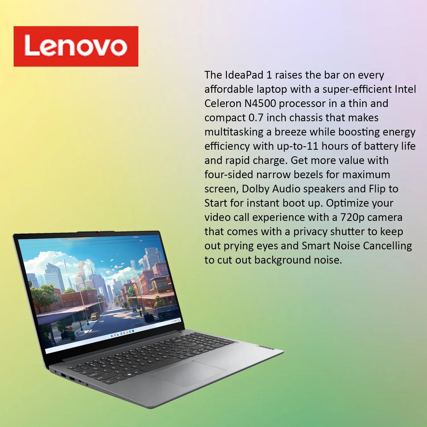 Ideapad 1 Student Laptop, 15.6" FHD Display, Intel Dual Core Processor, 8GB RAM, 128GB SSD + 128GB Emmc, 1 Yr Office 365, Wi-Fi 6, Windows 11 Home, Grey