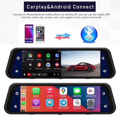 10 Inch 4K 2160P Car DVR Carplay Android Auto 5G WIFI GPS Dash Cam BT FM Dashcam Camera Stream Rearview Mirror Drive Recorder