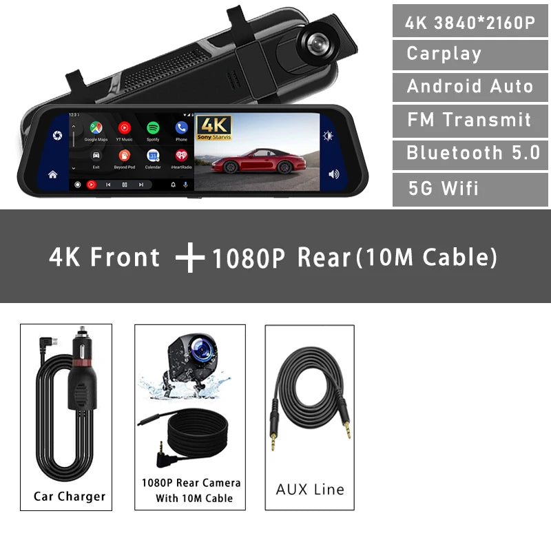 10 Inch 4K 2160P Car DVR Carplay Android Auto 5G WIFI GPS Dash Cam BT FM Dashcam Camera Stream Rearview Mirror Drive Recorder