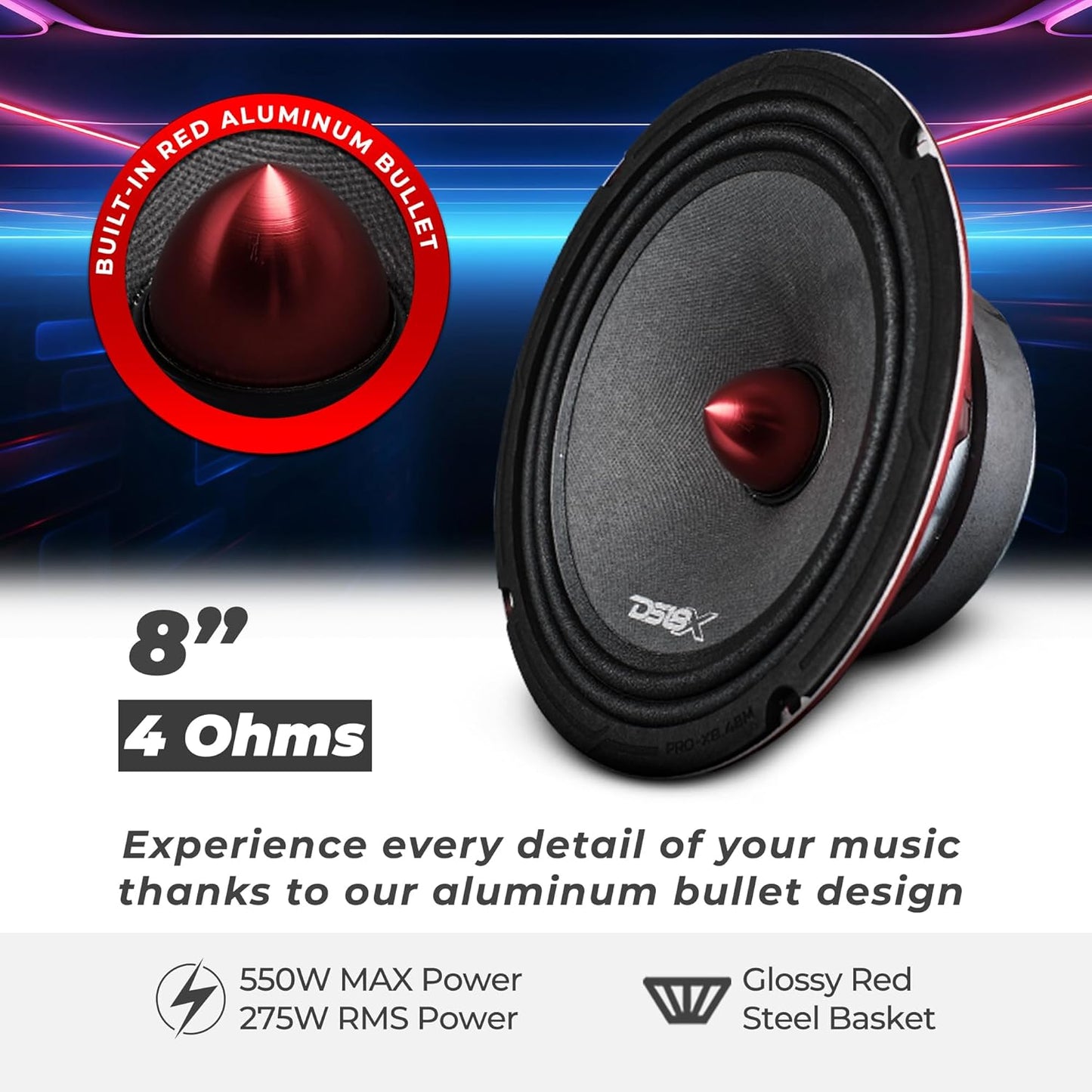 PRO-X8.4BM Loudspeaker - 8", Midrange, Red Aluminum Bullet, 550W Max, 275W RMS, 4 Ohms - Premium Quality Audio Door Speakers for Car or Truck Stereo Sound System (1 Speaker)